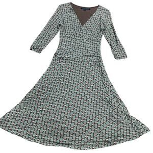 Boden 3/4 Sleeve Jersey Faux Wrap Midi Dress Tencel Womens Sz 10 R Blue Brown